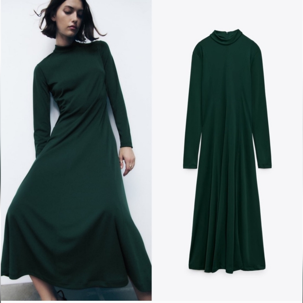 Zara Green Mock Neck Long Sleeve Sheath Dress (M- Fits an S)
